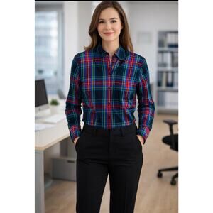 J Crew size Garcon button up shirt 100% organic cotton black/red plaid office